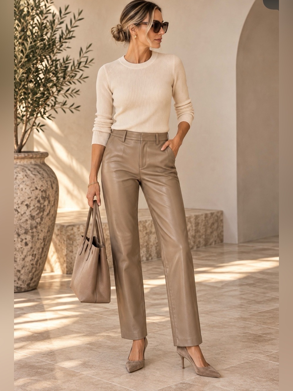 GAP Faux Leather Straight Leg Pants Size 2 Taupe Beige Tailored Trousers